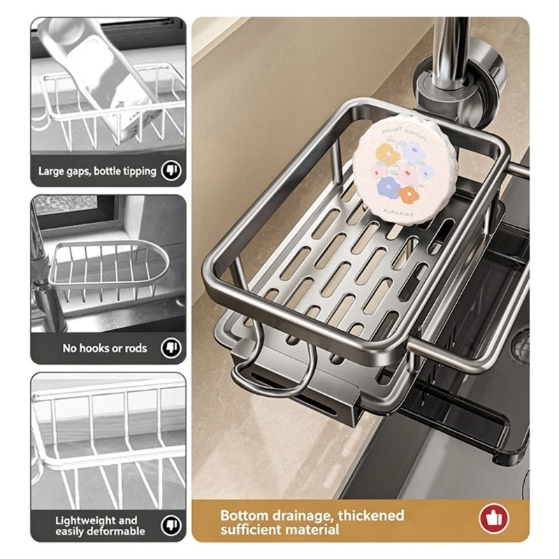Metal Detachable Hanging Drain Rack with Drip Tray Sponge Holder