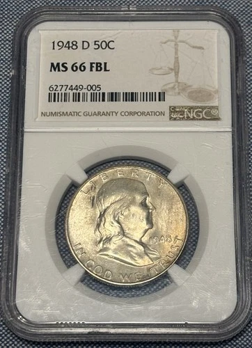 1948 D 50C Franklin Half Dollar MS 66 FBL 90% Silver NGC MS 66 Full Bell Lines!!