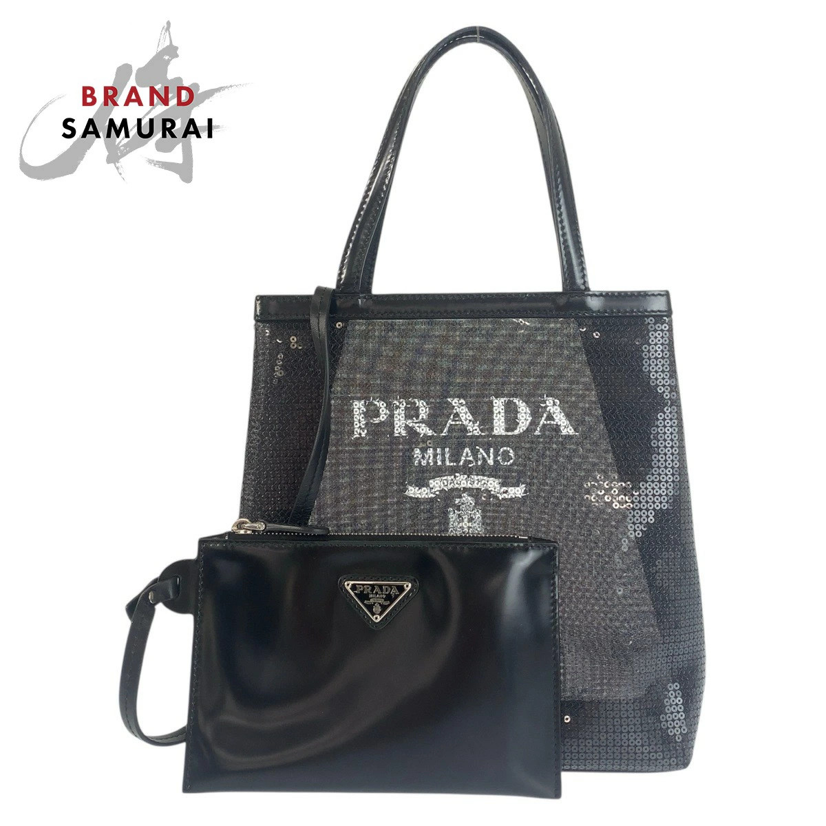 Prada Mesh Triangular Logo Sequin Leather Handbag… - image 1