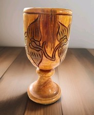 Vintage Wooden Vase Chalice Goblet Cup With Carved Leaves