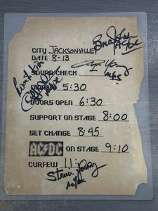 AC/DC - Full Band Autographed Schedule - Jacksonville 8-13-88 RARE Signed Relic