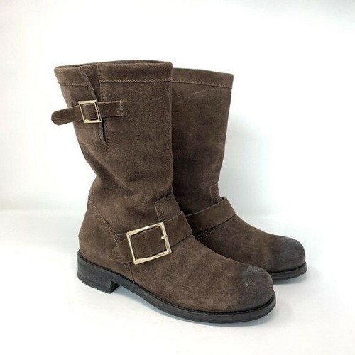 JIMMY CHOO Size 6 Suede Moto Mid Calf Boots Brown Distressed Buckle - Picture 4 of 7
