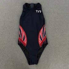 TYR  Womens Water Polo Suit Swimsuit 30 Phoenix Destroyer Back Zip Navy Red  USA