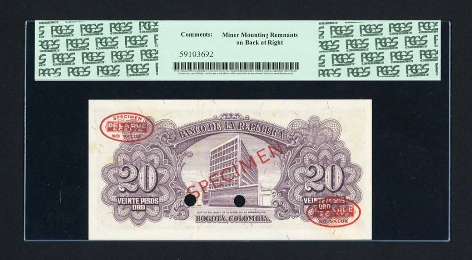 COLOMBIA Specimen Banknote P401bs , 1960 , 20 Peses Oro , PCGS 62 De La Rue - Image 2 of 2