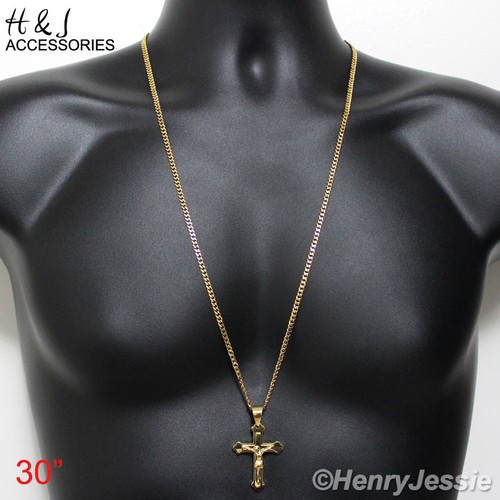 Colgante Cruz JESÚS 30" Acero Inoxidable 3mm Chapado en Oro Cadena Bordillo Cubano HOMBRE*J2 - Imagen 1 de 5