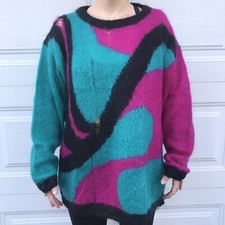Mohair turquoise black pink distressed sweater geometric oversized 80s vintage