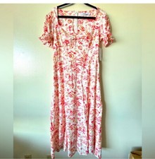 NWT JustFab Large White Rose Maxi Dress Puff Sleeves Front Split Sweetheart Neck