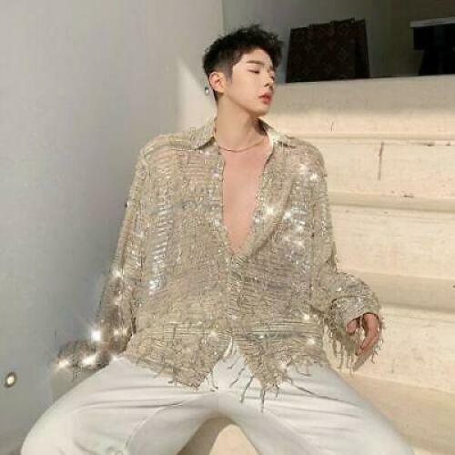 New Men Long Sleeve Shirt Youth Loose tie Party Tassel Glitter Sequins Shirts D
