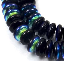50 Czech Glass Rondelle Beads - Black Jet - AB moonstone 6x2mm