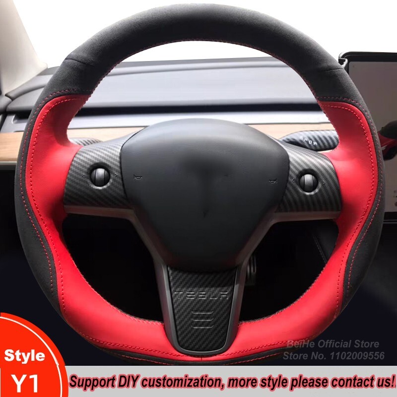 For Tesla Model 3 Y X Car Steering Wheel Cover Wrap Hand-stitched Leather Suede