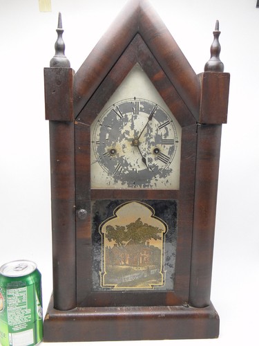 Antique New Haven Sharp Gothic Steeple Clock key wind 30 hour wood case - Picture 13 of 16