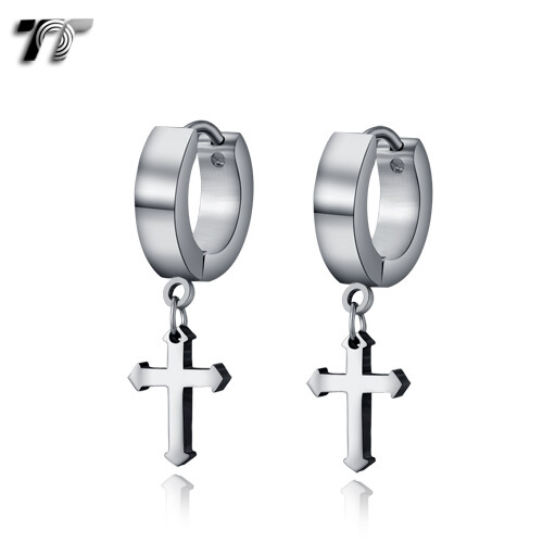 TT 4mm Hoop Cross 316L Stainless Steel Dangle Earrings EH124S - Picture 1 of 1
