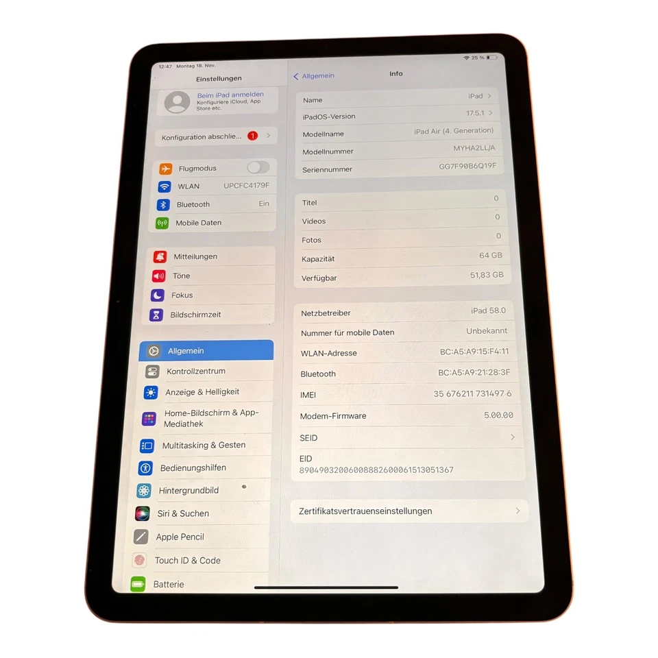iPad Air 64 GB (4th Gen) Wi-Fi + Cellular Gold/ohne Ovp - Bild 1 von 4