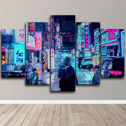 Bunte Stadt Japan Nacht Neon Lichter 5 Panel Leinwand Wandkunst Druck HD Heimdeko - Bild 1 von 5