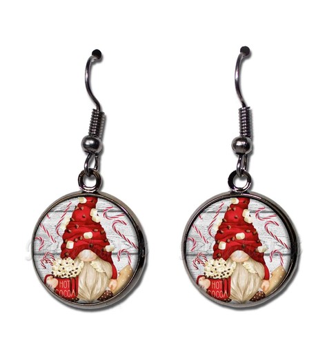 Cute Christmas Gnome Cup of Cocoa - Handmade Round Resin Dangling Earrings 16mmd - Picture 7 of 10
