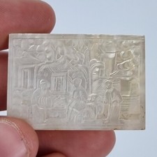 Antique Finely Deep Carved Chinese Mother Of Pearl Gaming Counter With Figures