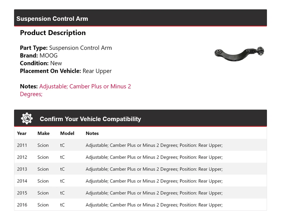 Brazo de control de suspensión trasero superior MOOG 2011 2012 2013 para Scion TC 2011-2016 Foto 2 de 4