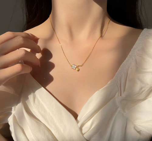 Gold Love Heart Lock Flower Clover Key Shell Pearl Pendant Chain Necklace - Picture 3 of 3