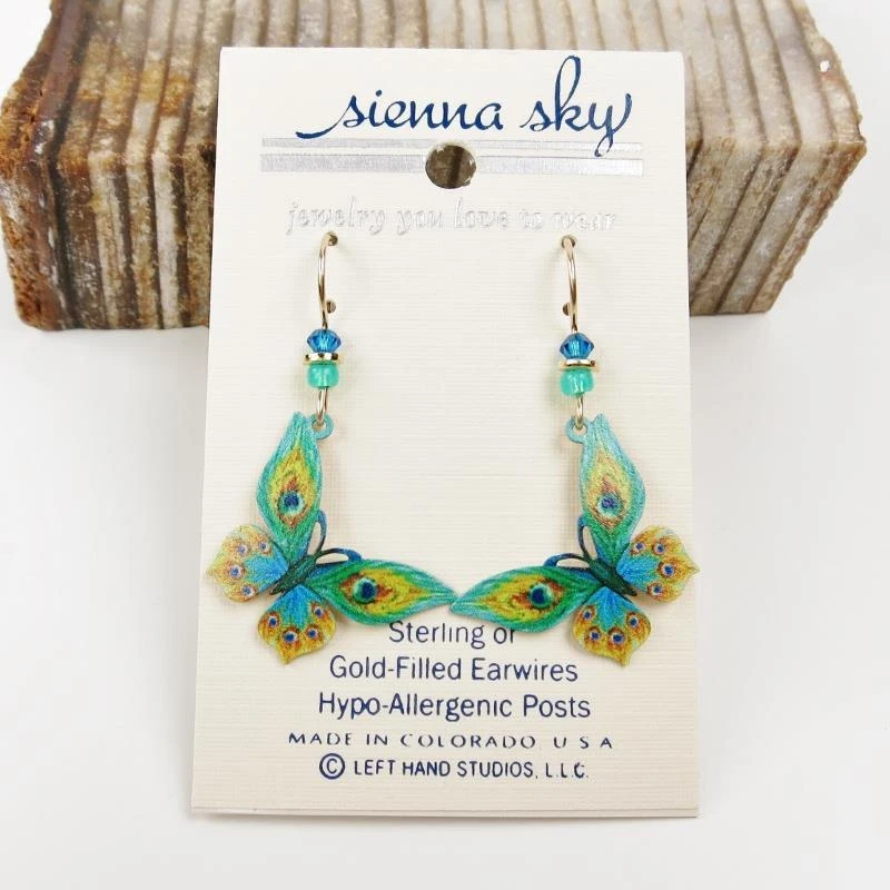 Sienna Sky Earrings 925 Sterling Silver Hook Green and Yellow Butterfly 1966 - Image 2 of 4