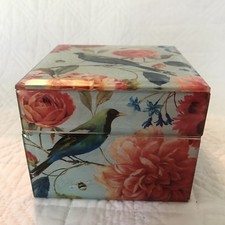 Glass BIrd Floral Square Trinket Jewelry Box Beveled Edges