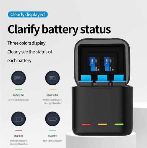 Telesin Caricabatterie 3 slot per GoPro Hero 11/10/9 con 2x batterie 1750 mAh - Foto 3 di 6