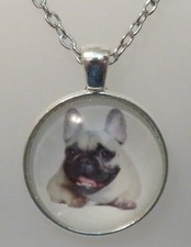 French Bull Dog Puppy Necklace Silver Tone Cabochon Pendant 18" Chain
