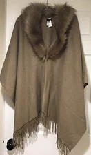 NWT Talbots 1X /2X Tan Faux Fur Collar Fringe Wrap Poncho 