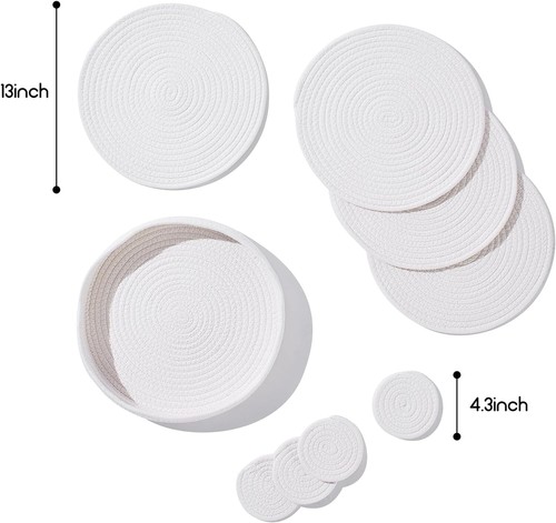 Gewebte Baumwollseil runde Tischsets Set 9-teilig Boho 13 Zoll Tischsets & 4,3 Zoll Untersetzer - Bild 42 von 48