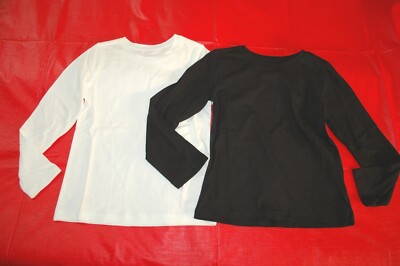 Girls 2 LOT L/S T-SHIRT Solid Color WHITE & BLACK Crew Neck SIZE S 6-6X