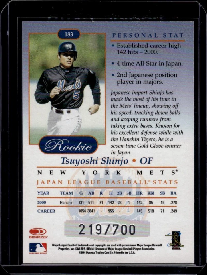 2001 Donruss Studio #183 Tsuyoshi Shinjo RC Rookie 219/700 New York Mets ID39707 — 第 2/2 张图片
