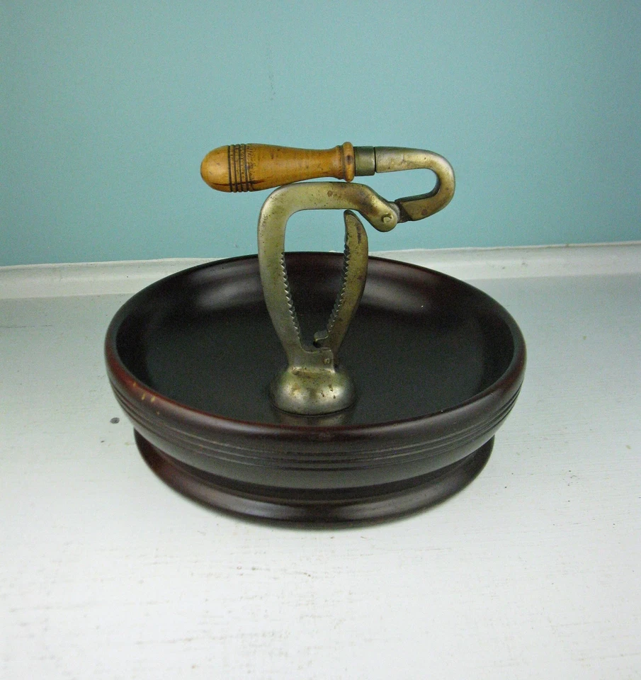 VINTAGE Antique LEVER Action NUTCRACKER Cherry RED WOOD BOWL Metal SPRING Handle - Image 3 of 4