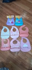 Lot Of 9 Baby Girl Silicone Bibs Pink Purple Rainbow Blue