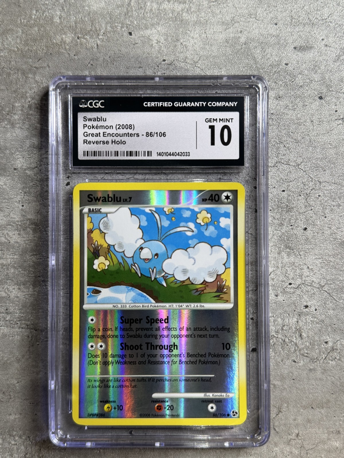 Pokemon Card Swablu Rev Holo CGC 10 Gem Mint, Great Encounters 86/106, 2008