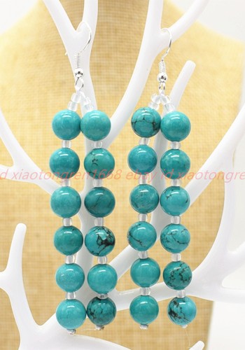 Handmade Natural 8mm Blue Turquoise Gemstone Round Beads Hook Dangle Earring - Picture 6 of 12