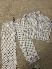Women's White Polka Dot Pajama Set Button-Up Collared Long Sleeve Size Large