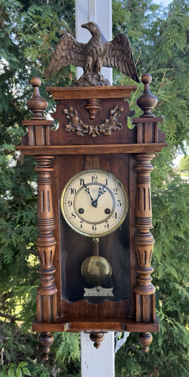 Antique 1911 Junghans German MINI Vienna Wall Clock - SEE VIDEO - EAGLE TOP