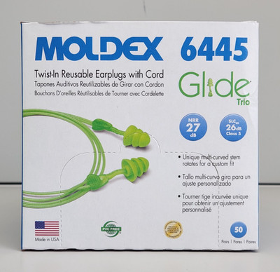 Moldex 6445 Glide Trio Earplugs Twist-In Corded NRR 27 dB Green, 50 Pair New