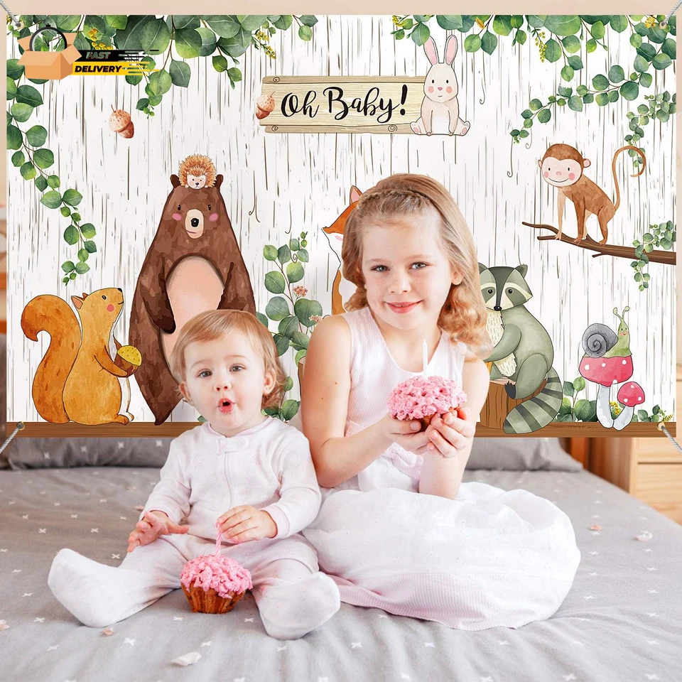 Woodland Baby Shower Backdrop Banner, Large Fabric Jungle Animal Birthday Party - Image 4 of 4