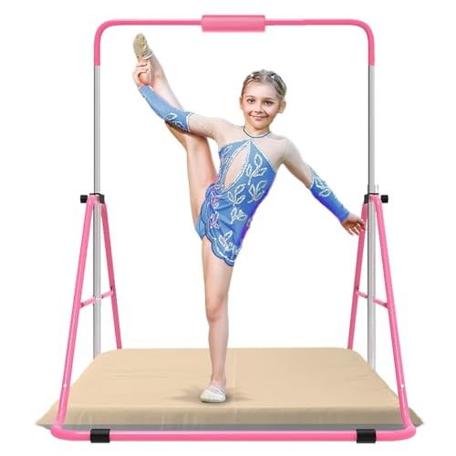 Gymnastics Bar with Self-Inflating Mat for Kids, Adjustable Pink with Mat