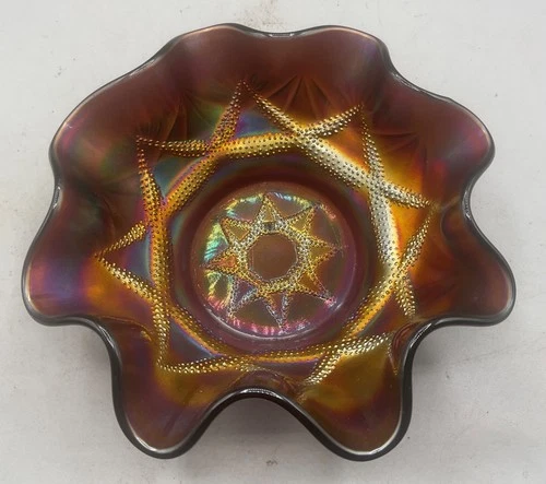 SUPER VINTAGE CARNIVAL DUGAN PURPLE SKI STAR RUFFLED SAUCE BOWL COMPASS EXTERIOR