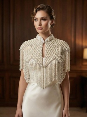 White Antique Hand Beaded Pearl Bridal Cover Up Cape For Women