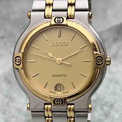 GUCCI 9000M Interlocking G Gold Dial Date Two Tone Quartz Men's Works Japan