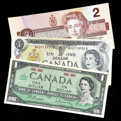 Canada Banknotes 1967 1973 1986 Lot 1, 2 Dollars Paper Money Very Fine (VF) Set