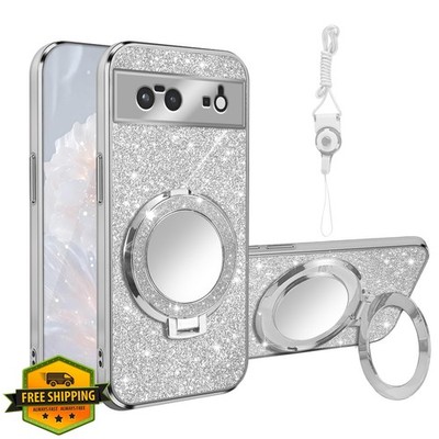 Nuouxoco Pixel 6 Glitter Clear Case w/ Ring Kickstand, Lanyard