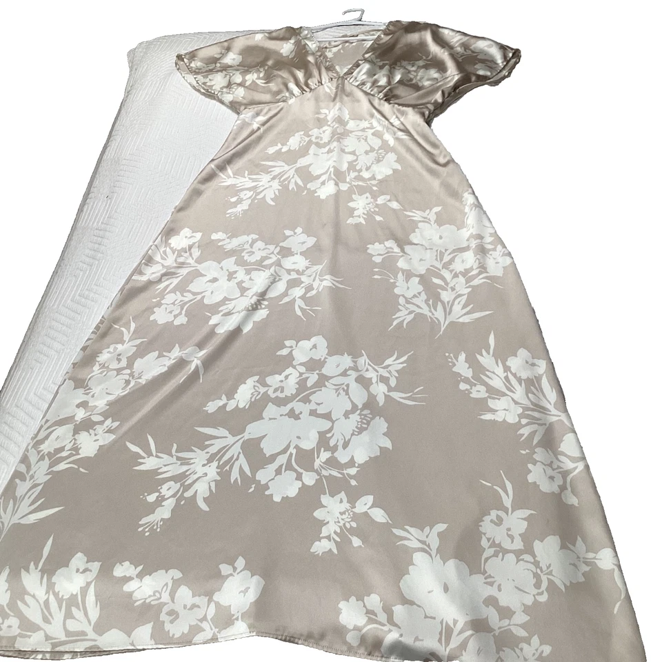 Maxi Vestido Lucky Brand Satinado Floral Manga Kimono Beige Marfil Talla L Boho Boda Foto 4 de 4