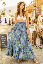 VTG 90s Prairie Chambray Tiered Midi Skirt Jean Cottagecore Festival 12 Tradwife