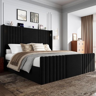 King Size Bed Frame with 55.1'' Tall Headboard, Velvet Upholstered Platform Bed 