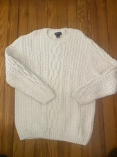Lands’ End Fishermans Sweater Men’s Size XL Cream Chunky Knit Long Sleeve Cotton