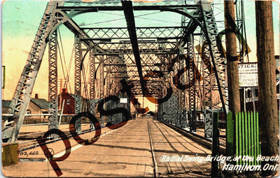1910, Radial Swing Bridge, at he Beach, HAMILTON, ONTARIO, postcard jj532