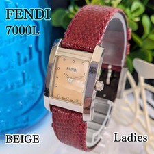FENDI 7000L Beige Dial Womens Quartz Watch Wine Leather 21.5mm